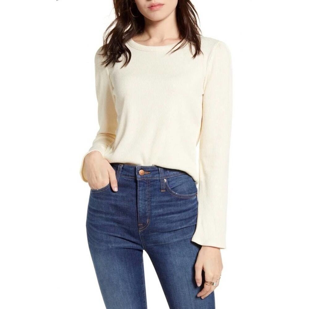 MADEWELL‎ Ribbed Gathered Sleeve Cream Top Blouse Sz. M Medium